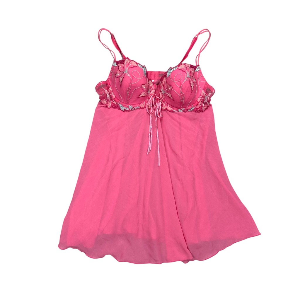 Delicates Pink Floral Embroidered Babydoll Chemise Lingerie Large Underwire Cup